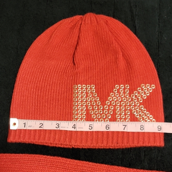 Michael Kors Red and Gold Knit Scarf and Beanie Set - Picture 2 of 4